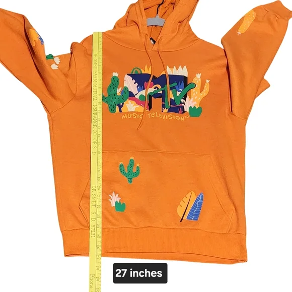 MTV Cactus Print Hoodie Unisex Small Orange Retro Graphic Pullover - Picture 8 of 13